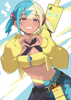 1girl bandeau belt black_belt blue_eyes breasts canari_(pokemon) cleavage commentary_request eyelashes gen_4_pokemon grin hands_up heart heart_hands hood hood_down hooded_jacket jacket kashiwagi_nagomu lightning_bolt_symbol long_sleeves mask mask_pull mouth_mask multicolored_hair multicolored_nails nail_polish nintendo open_clothes open_jacket pants pokemon pokemon_legends:_z-a rotom rotom_phone signature smile solo teeth yellow_bandeau yellow_jacket zipper zipper_pull_tab