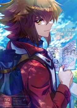 absurdres against_fence backpack bag brown_eyes brown_hair buttons collared_jacket collared_shirt dinosaur duel_academy_uniform_(yu-gi-oh!_gx) fence happy_birthday highres holding holding_letter jacket letter red_jacket shiny_eyes shirt sidelocks smile spiked_hair y_mykt_y yu-gi-oh! yu-gi-oh!_gx yuki_judai