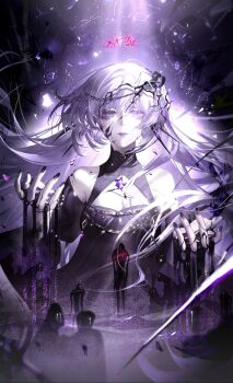 1girl absurdres artist_name bare_shoulders black_dress black_liquid black_nails black_sleeves breasts chinese_commentary collarbone commentary covered_collarbone cracked_face cracked_skin detached_sleeves dress floating_hair ghost halo hella_(path_to_nowhere) heterochromia highres kong_tiao_bo_zi mismatched_pupils nail_polish necresta_hella_(path_to_nowhere) path_to_nowhere pink_hair puffy_sleeves purple_background purple_eyes sleeveless sleeveless_dress small_breasts solo straight-on tears tears_from_one_eye upper_body