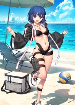 1girl :d ball beach bikini black_bikini black_jacket blue_eyes blue_hair blue_sky breasts c.i.e.l_(fate) mysterious_executor_c.i.e.l_(fate) ciel_(tsukihime) cleavage collarbone cropped_jacket cross cross_necklace fate/grand_order fate_(series) foot_out_of_frame game_cg gluteal_fold hands_up holster hood hood_down hooded_jacket horizon jacket jewelry latin_cross layered_bikini long_sleeves looking_at_viewer medium_breasts navel necklace ocean official_art open_clothes open_jacket open_mouth outstretched_arms puffy_long_sleeves puffy_sleeves sand shoelaces shoes short_hair sky smile sneakers solo standing standing_on_one_leg stomach swimsuit takeuchi_takashi thigh_holster third-party_source variant_set volleyball_(object) white_shoes