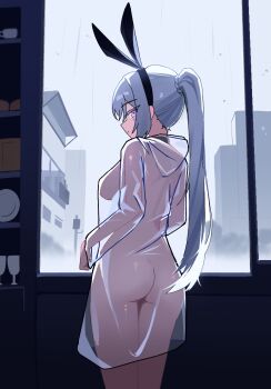 1girl animal_ears arms_at_sides ass bags_under_eyes black_hairband blue_hair braid breasts city cityscape coat commentary cowboy_shot expressionless fake_animal_ears from_behind hairband hood indoors long_hair looking_at_viewer looking_back medium_breasts naked_raincoat original pink_eyes ponytail ponytail_with_braided_base rabbit_ears rain raincoat see-through_clothes see-through_coat see-through_raincoat sideboob solo standing straight_hair tsurime very_long_hair window wingcat