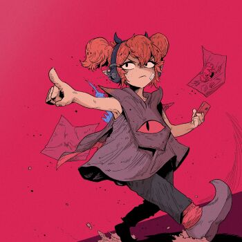 1girl bandaid bandaid_on_face beebz_(demon_turf) black_pants cellphone closed_mouth demon_turf dress freckles han_gong headphones highres holding holding_phone orange_hair pants phone pointy_shoes purple_dress purple_shoes red_background shoes short_hair sleeveless sleeveless_dress smartphone solo third-party_source