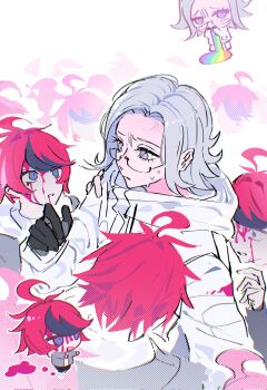 Rule 34 | 6+boys, ahoge, aotsuki eito, black gloves, black streaks, blood, blood from forehead, blood on clothes, blue eyes, chibi, chibi inset, clone, eherakil, glasses, gloves, grey hair, grey jacket, hand on another's shoulder, highres, hood, hoodie, jacket, jacket over hoodie, male focus, multicolored hair, multiple boys, nervous sweating, outstretched arms, purple eyes, red hair, scared, semi-rimless eyewear, short hair, streaked hair, sumino takumi, sweat, the hundred line -last defense academy-, too many clones, two-tone hair, vomiting rainbows, white hoodie, white jacket, zombie pose