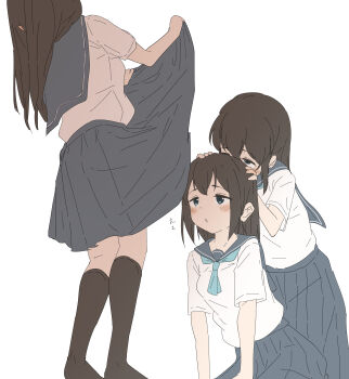 3girls absurdres clothes_lift highres multiple_girls school_uniform simple_background skirt skirt_lift tagme white_background wood_pump yuri