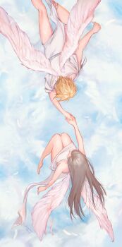 1boy 1girl angel angel_wings bare_legs bare_shoulders barefoot black_hair blonde_hair blue_sky breasts cloud cloud_strife cloudy_sky commentary_request dress falling_feathers feathered_wings feathers feet_out_of_frame final_fantasy final_fantasy_vii floating_hair flying from_above highres holding_hands large_breasts linono long_hair outstretched_arm short_hair signature sky spiked_hair thighs tifa_lockhart tunic upper_body white_dress white_feathers white_tunic white_wings wings