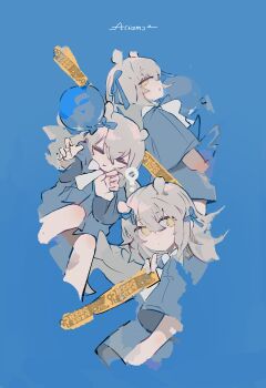 1girl absurdres aiamu_iamu blue_background blue_dress closed_eyes commentary_request dress grey_hair highres looking_at_viewer multiple_views original short_sleeves