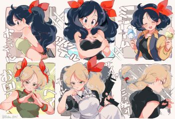 afro_puffs apron arms_behind_back artist_name black_shirt blonde_hair blue_eyes blue_hair blue_jacket blush braid braided_ponytail brown_gloves china_dress chinese_clothes closed_eyes collared_shirt commentary_request crop_top dot_nose dragon_ball dragonball_z dress earrings explosive fighting_stance fingerless_gloves food forehead frilled_dress frilled_sleeves frills gloves green_eyes green_shirt grenade grenade_pin grey_background gun hair_ornament hair_ribbon hand_on_own_chest highres holding holding_food holding_gun holding_ice_cream holding_ice_cream_cone holding_weapon ice_cream ice_cream_cone jacket jewelry light_smile long_hair lunch_(bad)_(dragon_ball) lunch_(dragon_ball) lunch_(good)_(dragon_ball) maid maid_apron mini_uzi multiple_earrings multiple_hair_ribbons no_gloves nose nose_blush ocean open_mouth paneled_background pom_pom_(clothes) pom_pom_hair_ornament ponytail red_ribbon ribbon roku_(roku_0141) shirt short_twintails signature smile sparkle sparkle_background submachine_gun triangle_hands trucker twintails twitter_username unconventional_maid uzi weapon