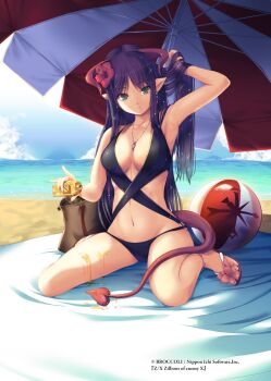 Rule 34 | adjusting hair, applying sunscreen, armpits, bag, ball, beach, beach mat, beach umbrella, beachball, bikini, black bikini, blue sky, breasts, brown bag, cleavage, closed mouth, cloud, cloudy sky, crepus (z/x), demon girl, demon horns, demon tail, flip-flops, flower, green eyes, hair flower, hair ornament, handbag, hibiscus, highres, holding sunscreen, horns, jewelry, kirishima satoshi, long hair, lotion, navel, necklace, ocean, official art, outdoors, pointy ears, purple hair, red horns, red tail, sandals, sitting, sky, smile, sunscreen, swimsuit, tail, umbrella, wariza, z/x