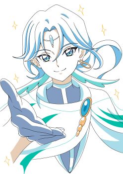 1boy absurdres bare_arms belt brooch cloak closed_mouth cure_connect earrings feathered_wings feathers forehead_jewel gloves green_cloak green_eyes green_hair hair_on_wing hair_ornament half_gloves hibiki_kaito highres hoop hoop_earrings jewelry kimi_to_idol_precure long_hair low-tied_long_hair mature_male morishita_(moricuremori) multiple_earrings parted_bangs precure reaching reaching_towards_viewer see-through_scarf smile solo solo_focus upper_body wing_hair_ornament wings