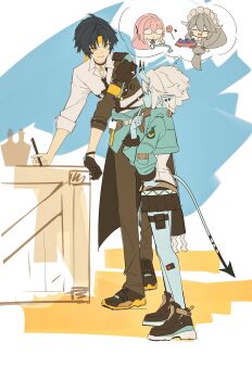 Rule 34 | 1boy, 1girl, absurdres, alexandrina sebastiane, aqua jacket, armor, asaba harumasa, bingzhen h2o, black choker, black gloves, black hair, black necktie, black pants, black shoes, blue horns, blue oni, blue skin, blue tail, box, choker, closed mouth, clothes around waist, colored skin, commentary request, earrings, gloves, hair between horns, headband, highres, horns, jacket, jewelry, looking at another, multicolored horns, necktie, oni, pants, parted bangs, pendant choker, pointy ears, shirt, shoes, short hair, shoulder armor, single glove, skin-covered horns, sleeves rolled up, smile, soukaku (zenless zone zero), speech bubble, standing, thought bubble, tsukishiro yanagi, two-tone horns, two-tone tail, white hair, white shirt, yellow eyes, yellow headband, zenless zone zero