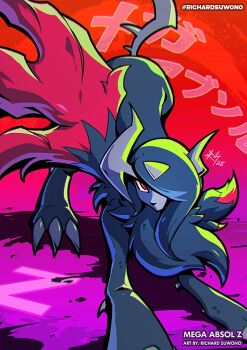 absol animal_focus black_fur black_hair body_fur claws commentary english_commentary gen_3_pokemon hair_over_one_eye horns looking_at_viewer mega_absol_z mega_pokemon nintendo no_humans one_eye_covered pokemon pokemon_(creature) pokemon_focus pokemon_legends:_z-a red_eyes richard_suwono solo tail