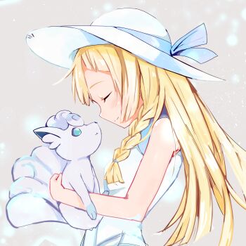 1girl alolan_form alolan_vulpix arctic_fox bare_shoulders blonde_hair braid braided_bangs closed_eyes dress face-to-face gen_7_pokemon hat holding holding_pokemon kitsune lillie_(pokemon) long_hair ninchan nintendo pokemon pokemon_(anime) pokemon_(creature) pokemon_the_series:_sun_&amp;_moon simple_background smile snowing sun_hat sundress