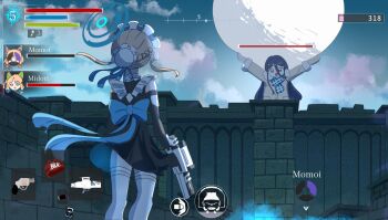 aris_(blue_archive) aris_(winter)_(blue_archive) assault_rifle black_hair blonde_hair blue_archive blue_halo bullpup caseless_firearm earmuffs gun h&amp;k_g11 hair_between_eyes halo handgun health_bar highres long_hair maid miaki_(mi_autumn39) midori_(blue_archive) momoi_(blue_archive) parody revolver rifle scarf smile smith_&amp;_wesson_340_pd thighhighs toki_(blue_archive) translation_request user_interface very_long_hair weapon white_thighhighs