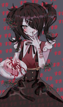 1girl absurdres ame-chan_(needy_girl_overdose) black_ribbon black_skirt blood blood_drip blood_on_arm blood_on_face blood_on_hands breasts cake closed_mouth food hair_ornament hair_over_one_eye hair_tie hairclip hand_up heart heart-shaped_cake heart-shaped_food high-waist_skirt highres holding holding_plate knife looking_at_viewer medium_hair neck_ribbon needy_girl_overdose plate red_shirt reno_(re_leno) ribbon self-harm shirt skirt sleeveless sleeveless_shirt smile solo static suspenders x_hair_ornament