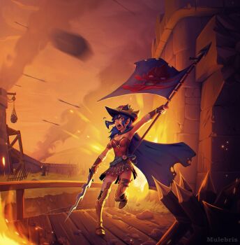 Rule 34 | 1girl, absurdres, angry, archery, armor, armored boots, arrow (projectile), bandaged leg, bandages, barricade, battle, battlefield, belt, blue hair, boots, breasts, bridge, cape, castle, catapult, commentary, commission, dang (runescape), debris, duellist's cap (tier 6), english commentary, explosion, fingerless gloves, flag, full body, gladiator, gloves, glowing hat, gold trim, grass, green belt, green cape, hair between eyes, hat, highres, holding, holding flag, holding sword, holding weapon, leotard, long hair, medium breasts, mulebris, old school runescape, orange eyes, original, poleyn, red leotard, runescape, second-party source, skirt, smoke, spiked ear piercing, sun symbol, sword, thick eyebrows, torn cape, torn clothes, war, water, weapon, wizard, wooden bridge, yellow eyes