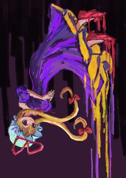 1girl absurdres adapted_costume blonde_hair bow bowtie dress floating from_side full_body hair_between_eyes hair_bow hair_up halftone halftone_background hat hat_ribbon high_heels highres impressionism long_dress long_hair looking_at_viewer low-tied_long_hair low_block_heels melting mob_cap neck_ribbon no_eyebrows off-shoulder_dress off_shoulder official_alternate_hairstyle omaega_chan own_hands_together puffy_short_sleeves puffy_sleeves purple_dress purple_eyes red_bow red_bowtie red_ribbon red_shoes ribbon saturated shoes short_sleeves smile solo touhou two-tone_background two-tone_dress upside-down yakumo_yukari