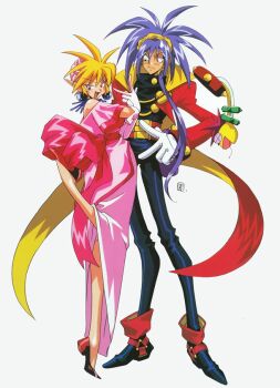 1990s_(style) 1boy 1girl blonde_hair blue_hair coattails da_cider dress earrings elbow_gloves gloves hairband heavy_meta-ko high_heels jewelry kotobuki_tsukasa leska_(arara_cafe_au_lait) long_hair long_sleeves looking_at_viewer non-web_source official_art open_mouth pink_dress pink_gloves pointy_ears red_eyes red_shoes retro_artstyle shoes short_hair simple_background sphere_earrings standing standing_on_one_leg sweatdrop tailcoat v vs_knight_lamune_&amp;_40_fire white_background white_gloves yellow_hairband