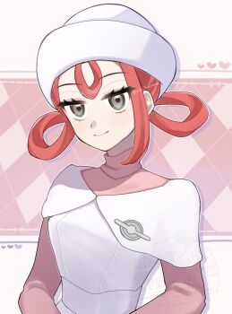 1girl capelet closed_mouth commentary_request dress eyelashes grey_eyes hair_rings hat head_tilt heart highres joy_(pokemon) joy_(pokemon_legends:_z-a) nintendo pink_shirt pokemon pokemon_legends:_z-a shirt single_sidelock smile solo turtleneck turtleneck_shirt upper_body white_capelet white_dress white_hat yamada_iseijin