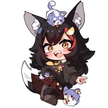 1girl :d animal_ear_fluff animal_ears belt black_hair brown_sweater chibi commentary english_commentary flipped_hair full_body highres hololive jadea5124 knit_sweater multicolored_hair necktie official_alternate_costume ookami_mio ookami_mio_(10th_costume) open_mouth red_hair smile solo streaked_hair sweater sweater_tucked_in tail tail_around_own_leg tail_wrap teeth upper_teeth_only virtual_youtuber wolf_ears wolf_girl wolf_tail yellow_eyes yellow_necktie