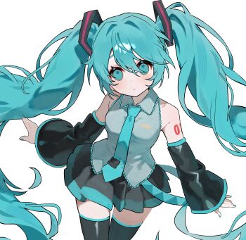 1girl absurdres arm_tattoo blue_eyes blue_hair blue_nails blue_necktie blue_trim blush boots breasts closed_mouth collared_shirt commentary_request detached_sleeves from_below grey_shirt hair_between_eyes haru_(ririne9999rine) hatsune_miku highres long_hair long_sleeves medium_breasts necktie number_tattoo shirt simple_background sleeveless sleeveless_shirt smile solo tattoo thick_thighs thigh_boots thighhighs thighs twintails very_long_hair vocaloid white_background zettai_ryouiki