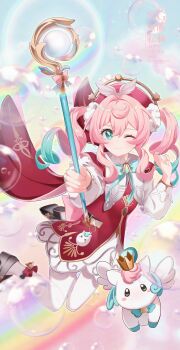 1girl absurdres aqua_bow aqua_bowtie aqua_eyes aqua_hair black_shoes blush bow bowtie bubble charm_(object) closed_mouth commentary curly_hair day dress gradient_bow gradient_hair hat highres holding holding_staff honkai:_star_rail honkai_(series) hyacine_(honkai:_star_rail) inana little_ica_(honkai:_star_rail) long_hair long_sleeves looking_at_viewer multicolored_hair one_eye_closed pantyhose pegasus pink_bow pink_hair rainbow red_bow red_dress red_hat shoes smile staff twintails white_pantyhose winged_hat