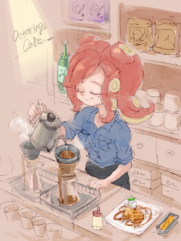 1girl cafe closed_eyes coffee_beans coffee_pot collared_shirt food nintendo octoling red_hair shirt splatoon_(series) strainer takozonesu tentacle_hair waffle yuta_agc