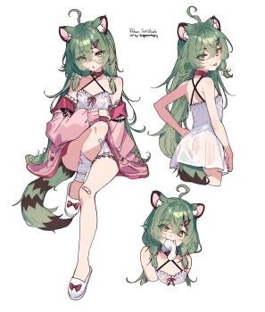 1girl :p animal_ears bandaid bandaid_on_knee bandaid_on_leg burgerpackaging chemise ferret_ears ferret_girl ferret_tail full_body grey_hair highres indie_virtual_youtuber jacket long_hair long_sleeves looking_at_viewer mouth_hold pink_jacket saki_(vtuber) second-party_source see-through_clothes slippers sock_in_mouth tongue tongue_out virtual_youtuber white_chemise
