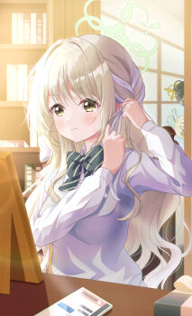 Rule 34 | 3girls, absurdres, blue archive, blush, book, bow, braid, breasts, brown eyes, brown hair, closed mouth, collared shirt, commentary request, fuyu (blue archive), green bow, green halo, hair between eyes, hair ribbon, halo, highres, long hair, long sleeves, medium breasts, miyo (blue archive), multiple girls, ribbon, ribbon braid, ritsu (blue archive), sa07 drawing, shirt, solo focus, striped bow, translation request, upper body, valentine, white ribbon, white shirt