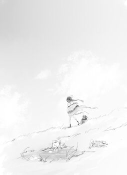 1girl absurdres ahoge animal_ears backpack bag bedroll capelet floating_hair grass hair_between_eyes highres horse_ears horse_girl horse_tail long_bangs long_hair long_hair_between_eyes manhattan_cafe_(umamusume) outdoors poncho rock serviper solo standing tail umamusume very_long_hair