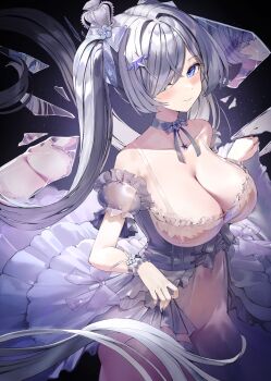 1girl absurdres bead_bracelet beads blue_eyes bracelet breasts choker cinderella_(glass_princess)_(nikke) cinderella_(nikke) closed_mouth collarbone commentary covered_navel crown dress english_commentary glass_shards goddess_of_victory:_nikke grey_hair hair_ornament highres jewelry large_breasts long_hair looking_at_viewer mini_crown official_alternate_costume see-through_clothes see-through_dress smile solo star_(symbol) star_hair_ornament twintails very_long_hair wakum