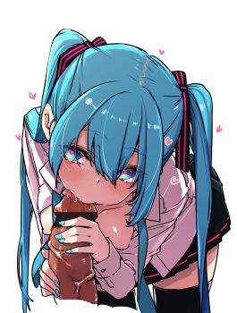 1boy 1girl azuma_sawayoshi blue_eyes blue_hair breasts commentary_request erection fellatio hatsune_miku heart heart-shaped_pupils hetero highres long_hair looking_at_viewer nipples open_clothes open_shirt oral penis skirt small_breasts solo_focus symbol-shaped_pupils thighhighs twintails vocaloid zettai_ryouiki