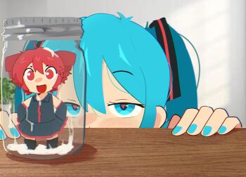 2girls abstractpurple absurdres black_sleeves blue_eyes blue_hair blue_nails character_figure cumjar_(meme) detached_sleeves drill_hair figure grey_shirt hands_on_own_hips hatsune_miku heart heart-shaped_pupils highres in_container in_jar jar kasane_teto kasane_teto_(utau) looking_at_object meme mesmerizer_(vocaloid) multiple_girls nail_polish red_eyes red_hair shirt sleeveless sleeveless_shirt suggestive_fluid symbol-shaped_pupils table twintails utau vocaloid wooden_table