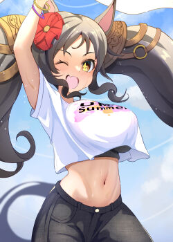 1girl ;d animal_ears arm_up black_hair black_pants bracelet breasts clothes_writing commentary_request cowboy_shot cropped_shirt ear_ornament fang highres horse_ears horse_girl horse_tail jewelry large_breasts long_hair looking_at_viewer marvelous_sunday_(umamusume) navel one_eye_closed open_mouth orange_eyes pants shirt shirt_overhang short_sleeves shuten_(shutehaan) sidelocks skin_fang smile solo sports_bra_peek star-shaped_pupils star_(symbol) stomach symbol-shaped_pupils tail twintails uma_summer_(umamusume) umamusume very_long_hair white_shirt
