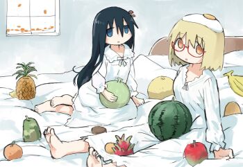 2girls apple banana barefoot black_hair blonde_hair blue_eyes bob_cut dragon_fruit egg_(food) egg_hair_ornament egg_yolk food food-themed_hair_ornament food_on_head fried_egg fruit glasses hair_ornament has_bad_revision has_watermarked_revision highres honeydew_(fruit) kiwi_(fruit) long_hair melon multiple_girls mushroom mushroom_on_head object_on_head official_art on_bed orange_(fruit) pajamas pear pineapple red-framed_eyewear apple semi-rimless_eyewear shimeji_simulation sitting third-party_edit third-party_source tsukishima_shijima tsukumizu_yuu watermelon white_pajamas window yamashita_majime yellow_eyes yokozuwari