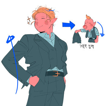 1boy ^_^ alternate_costume annoyed arrow_(symbol) belt belt_buckle big_nose black_belt black_jacket black_pants black_suit black_vest blazer blonde_hair blush_stickers buckle buttons clenched_hand closed_eyes closed_mouth collared_jacket collared_shirt dress_pants formal_clothes hands_in_pockets happy highres holding holding_jacket holding_unworn_clothes humanization jacket korean_text lapels layered_sleeves long_sleeves louie_(pikmin) male_focus messy_hair nintendo notched_lapels open_clothes open_jacket pants pikmin_(series) pointy_ears sequential shirt short_hair simple_background sleeve_cuffs smile sparkle suit translation_request unworn_jacket very_short_hair vest white_background white_shirt yu_pikmin