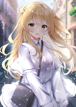 1girl ahoge aizawa_(aizawatsu) alternate_costume bag blonde_hair blush bow breasts collared_shirt commentary cowboy_shot double_bun girls&#039;_frontline green_eyes hair_bow hair_bun highres layered_sleeves long_hair long_sleeves looking_at_viewer open_mouth outdoors rfb_(girls&#039;_frontline) shirt short_over_long_sleeves short_sleeves shoulder_bag skirt small_breasts smile solo white_shirt white_skirt