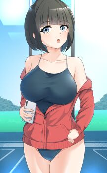 1girl black_hair blue_eyes blue_one-piece_swimsuit breasts cellphone collarbone commentary_request competition_school_swimsuit cowboy_shot highres jacket jacket_over_swimsuit large_breasts one-piece_swimsuit open_clothes open_jacket original phone red_jacket school_swimsuit short_hair solo swimsuit thames3 unzipped