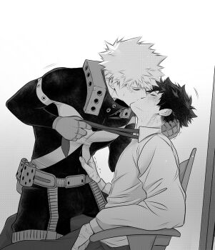 2boys bakugou_katsuki boku_no_hero_academia closed_eyes clothes_grab commentary english_commentary freckles french_kiss from_side greyscale kiss male_focus midoriya_izuku monochrome multiple_boys necktie necktie_grab neckwear_grab on_person oshidraws scar scar_on_face scar_on_hand short_hair sitting sitting_on_leg spiked_hair superhero_costume yaoi