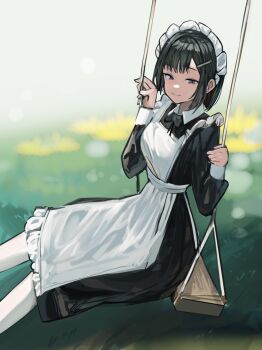 1girl apron black_dress bob_cut brown_eyes closed_mouth collar commentary_request dress floral_background green_hair hair_ornament hairpin long_dress long_sleeves looking_at_viewer maid maid_apron maid_headdress on_swing original short_hair sitting solo solokitsune swing white_apron white_collar