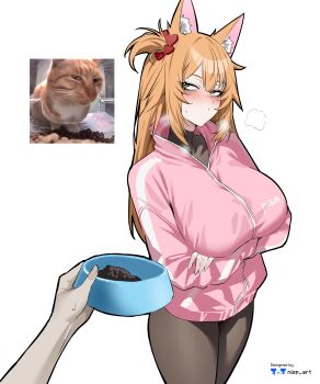 1girl 1other :/ absurdres animal_ear_fluff animal_ears arms_under_breasts artist_name blush bowl breasts cat_ears cat_girl commentary crossed_arms english_commentary green_eyes hair_ornament half-closed_eyes heart heart_hair_ornament heavy_breathing highres jacket large_breasts long_hair long_sleeves looking_at_viewer nisp_art nose_blush one_side_up original pantyhose personification pet_bowl photo-referenced pink_jacket pov pov_hands reference_inset sidelocks simple_background sweatdrop track_jacket white_background