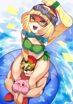 1boy 1girl arm_up arms_(game) beanie blonde_hair blush_stickers breasts captain_falcon cleavage closed_mouth commentary_request domino_mask eye_mask f-zero girl_on_top green_eyes hand_on_another&#039;s_head hat head_between_legs helmet highres innertube katwo kirby kirby_(series) legs mask min_min_(arms) muscular navel nintendo open_mouth red_headwear sitting smile super_smash_bros. swim_ring swimsuit teeth thighs tongue upper_teeth_only visor water white_eyes