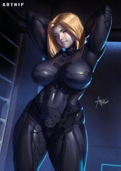 1girl arms_behind_head arms_up artnip biting_own_lip black_bodysuit blonde_hair bodysuit breasts cowboy_shot curvy large_breasts looking_at_viewer original science_fiction short_hair solo standing