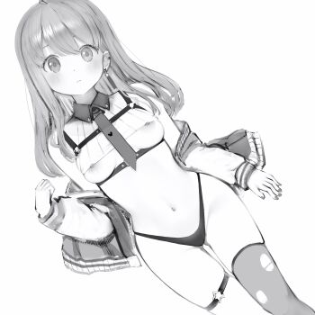 1girl absurdres ahoge areola_slip blush breasts chest_belt chest_harness closed_mouth ear_piercing earrings fingernails greyscale harness heart heart_earrings highres himemori_luna himemori_luna_(streetwear) hololive jacket jewelry long_hair long_sleeves looking_at_viewer monochrome nanashi_(nlo) navel necktie nipple_slip nipples o-ring o-ring_harness o-ring_thigh_strap open_clothes open_jacket panties piercing ribbed_shirt shirt simple_background single_thighhigh solo star_o-ring stomach thigh_strap thighhighs thighs torn_clothes torn_thighhighs underboob underwear virtual_youtuber white_background