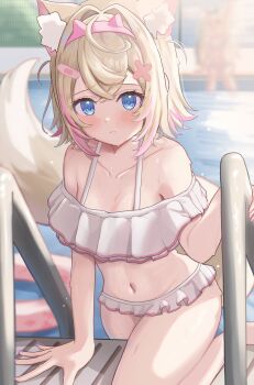 1girl absurdres alternate_costume animal_ear_fluff animal_ears bandaid bandaid_hair_ornament bikini blonde_hair blue_eyes blurry blurry_background blush breasts closed_mouth collarbone commentary_request crossed_bangs dog_ears dog_girl dog_tail fang fingernails frilled_bikini frills hair_intakes hair_ornament hairband hairclip hand_on_ground highres hololive hololive_english leg_up looking_at_viewer mococo_abyssgard multicolored_hair nail_polish pink_hair pink_nails pool pool_ladder poolside sasamin short_hair small_breasts solo spiked_hairband spikes streaked_hair swimsuit tail two_side_up virtual_youtuber wet white_bikini x_hair_ornament
