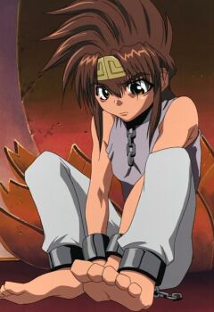 Rule 34 | 1boy, anime screenshot, barefoot, brown hair, cuffs, gold headband, male focus, pants, saiyuki, shackles, shirt, sitting, sleeveless, sleeveless shirt, solo, son goku (saiyuki), stitched, third-party edit