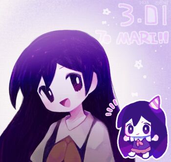 Rule 34 | 1girl, :d, arms at sides, blush, bow, breasts, brown skirt, character name, chibi, chibi inset, collared shirt, colored skin, commentary, dated, deformed, double-parted bangs, ear blush, gradient background, hair between eyes, hat, hatching (texture), looking at viewer, mari (headspace) (omori), mari (omori), miniskirt, neckerchief, notice lines, omori, open mouth, outline, party hat, pink hat, purple bow, purple eyes, purple hair, purple sweater vest, red neckerchief, shirt, short sleeves, sidelocks, sideways glance, simple background, skirt, small breasts, smile, solo, star (symbol), straight hair, striped clothes, striped hat, striped headwear, sweater vest, symbol-only commentary, tongue, tutt5755, two-tone background, white background, white hat, white outline, white shirt, white skin