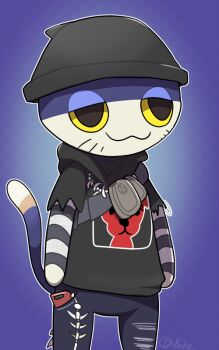 Rule 34 | 1boy, :3, alternate costume, animal crossing, artist name, beanie, black eyes, black hat, black sweater, blue fur, blue pants, body fur, boke-chan, cat tail, cellphone, character print, closed mouth, colored sclera, cosplay, cowboy shot, facial mark, fish skeleton, fortnite, furry, furry male, half-closed eyes, happy, hat, hood, hood down, hooded sweater, jewelry, k.k. slider (animal crossing), layered sleeves, long sleeves, male focus, meow skulls, meow skulls (cosplay), necklace, nintendo, outline, pants, phone, pocket, print sweater, punchy (animal crossing), purple background, shirt, short over long sleeves, short sleeves, signature, simple background, smartphone, smile, solo, standing, striped clothes, striped shirt, sweater, tail, tail raised, twitter username, two-tone fur, whisker markings, white fur, white outline, yellow sclera