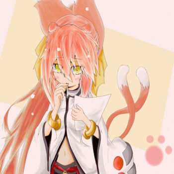 Rule 34 | 1girl, animal ears, arc system works, black panties, blazblue, blush, bracelet, cat ears, cat girl, cat tail, female focus, jewelry, kokonoe (blazblue), kuzira217, lab coat, long hair, multiple tails, panties, pants, paper, pink hair, ponytail, ribbon, solo, tail, underwear, very long hair, yellow eyes, yellow ribbon