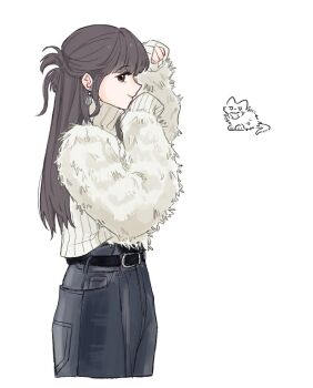 Rule 34 | 1girl, animification, basil (wgh0anzdple3asf), black hair, black pants, cat, commentary request, cowboy shot, cropped legs, half updo, korean commentary, looking at viewer, looking to the side, pants, profile, real life, ribbed sweater, simple background, solo, sweater, tsukine kona, turtleneck, turtleneck sweater, voice actor, white background, white sweater