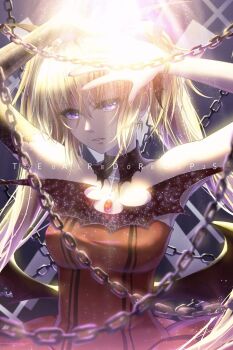 Rule 34 | 1girl, arms up, artist name, bat hair ornament, bat wings, black collar, blonde hair, chain, collar, commentary request, cross, dated, detached collar, dress, elbow gloves, film grain, gem, glitter, gloves, guardian chara, hair between eyes, hair ornament, highres, hoshina utau, long hair, looking at viewer, open hands, overlighting, parted lips, purple eyes, red dress, red gemstone, shugo chara!, single elbow glove, solo, striped clothes, striped dress, sunlight, teardrops (user vgvd7733), turning head, twintails, upper body, vertical-striped clothes, vertical-striped dress, wings